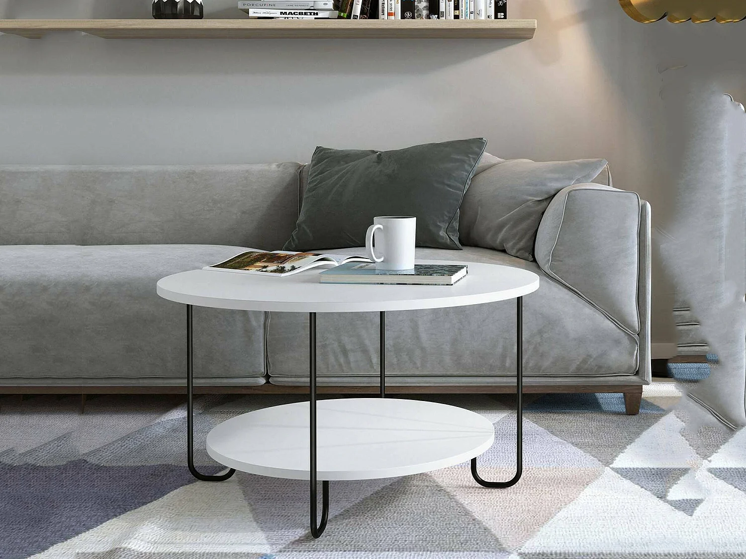 Mesa de centro Plodio, 1 compartimento, 80x80x45h cm branca, forma redonda, tampo em madeira revestida