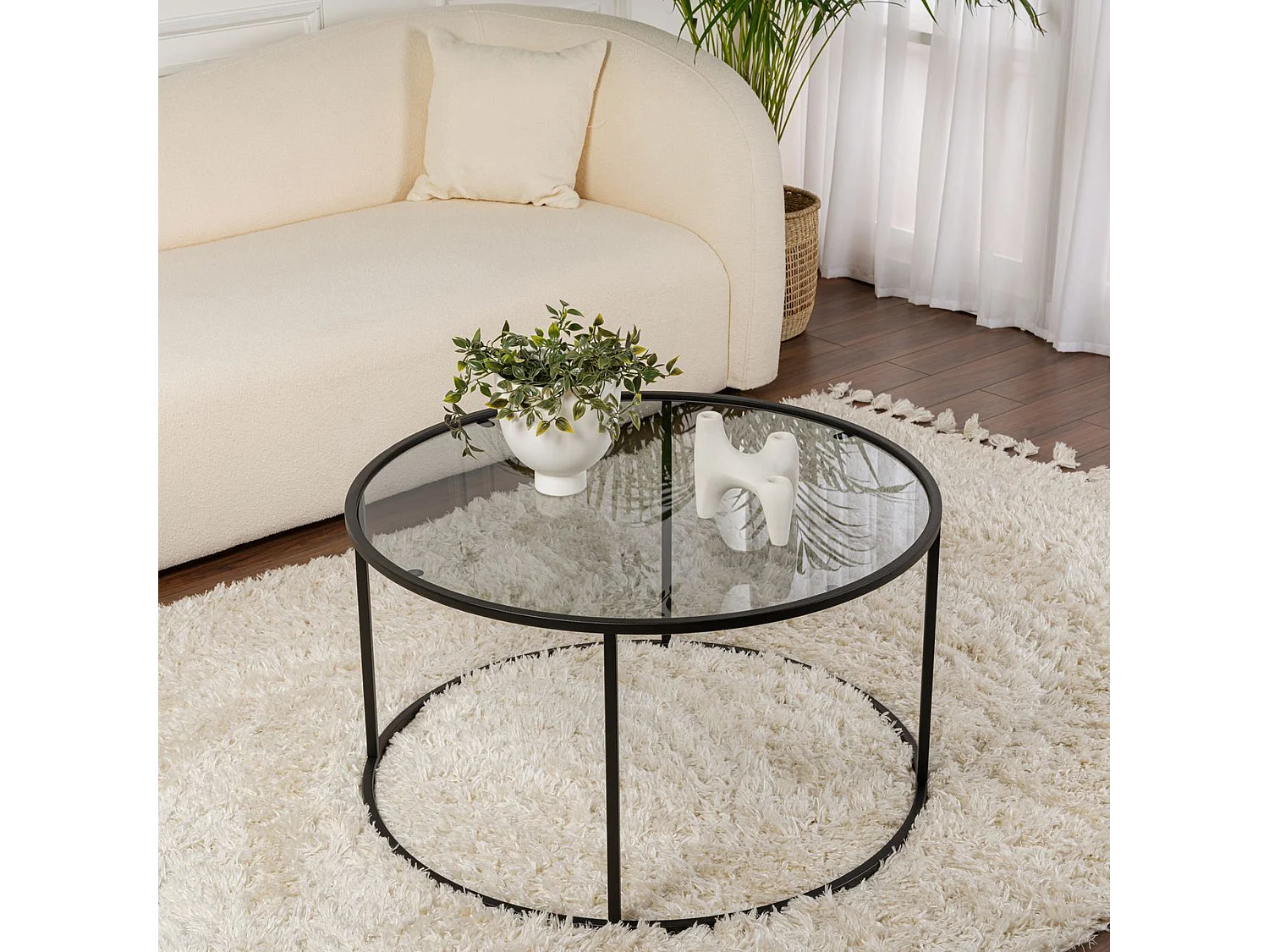 Table basse Moena, forme ronde, 80x80x43h cm noir, plateau en verre, couleur transparente