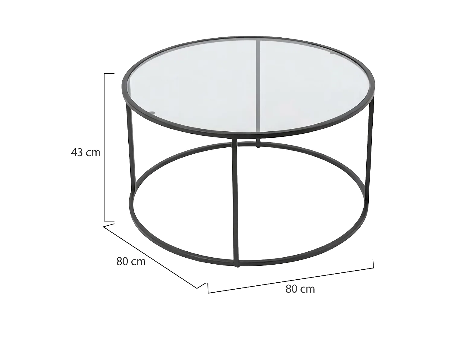 Table basse Moena, forme ronde, 80x80x43h cm noir, plateau en verre, couleur transparente