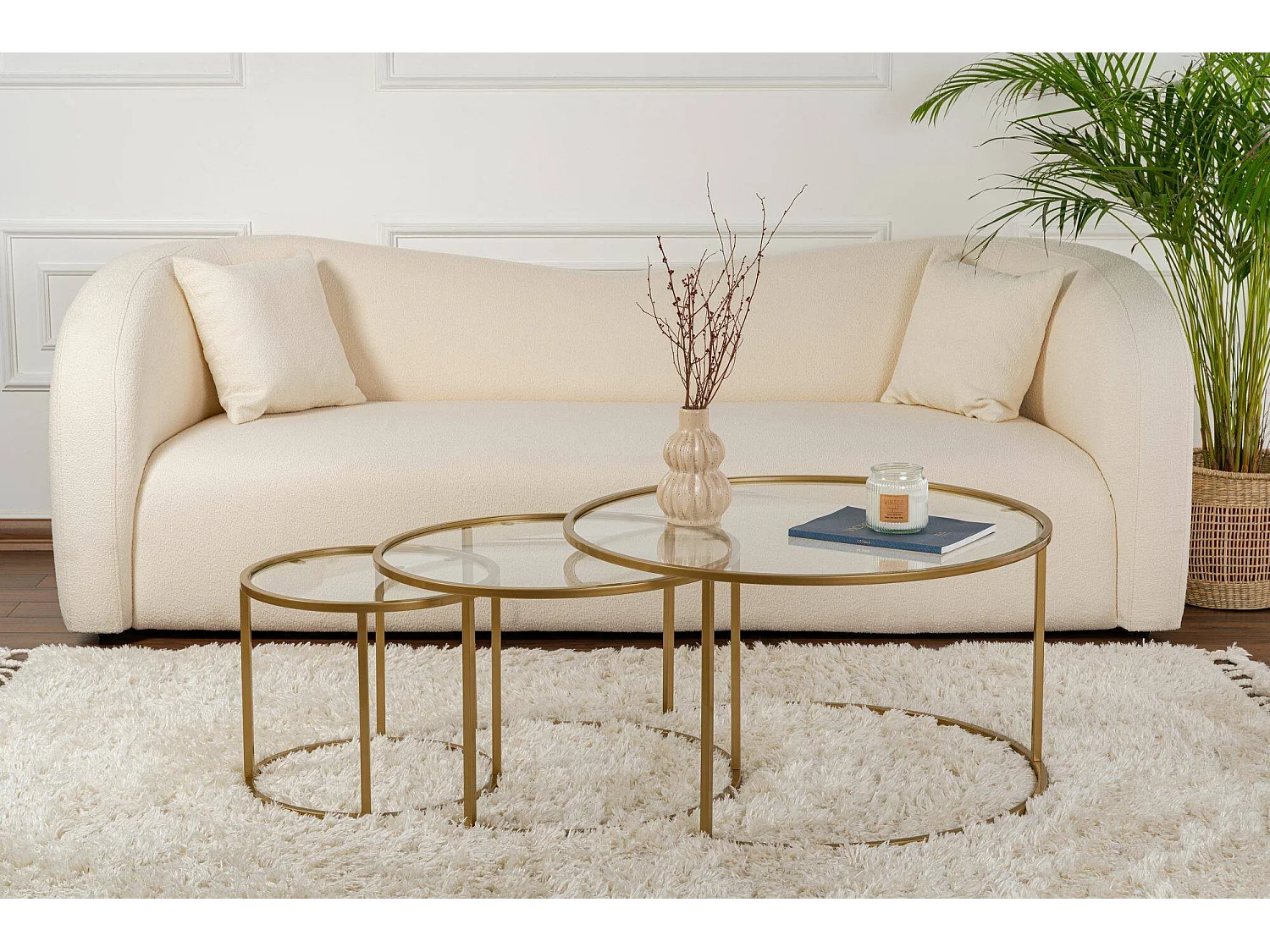 Rowan salontafel, set van 3 tafeltjes max. draagvermogen 10 kg, 80x80x43h cm goud, rond, transparant blad