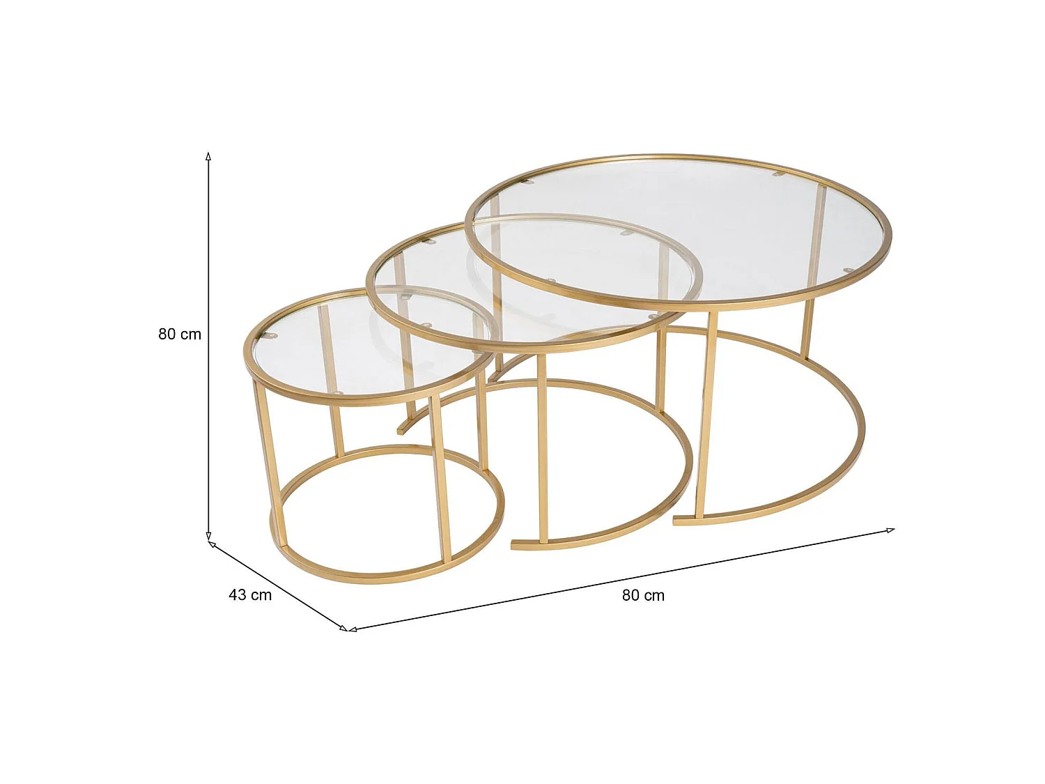 Rowan salontafel, set van 3 tafeltjes max. draagvermogen 10 kg, 80x80x43h cm goud, rond, transparant blad