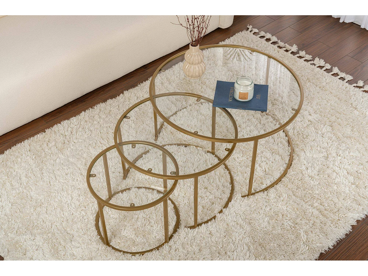 Rowan salontafel, set van 3 tafeltjes max. draagvermogen 10 kg, 80x80x43h cm goud, rond, transparant blad
