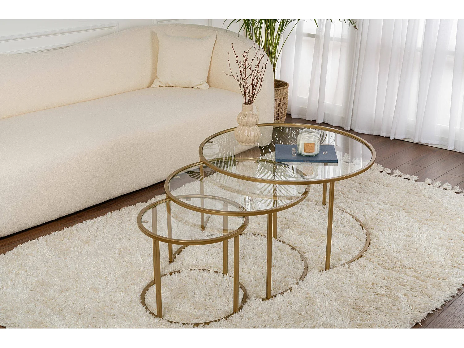 Rowan salontafel, set van 3 tafeltjes max. draagvermogen 10 kg, 80x80x43h cm goud, rond, transparant blad