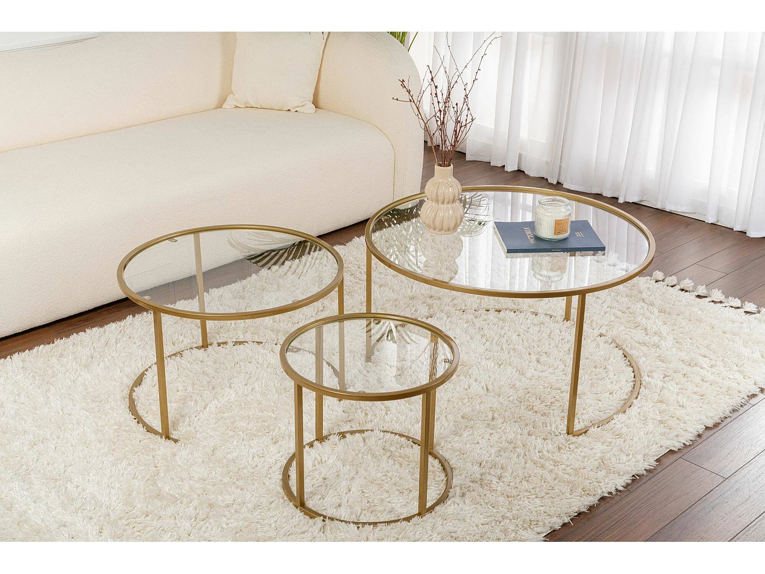 Rowan salontafel, set van 3 tafeltjes max. draagvermogen 10 kg, 80x80x43h cm goud, rond, transparant blad