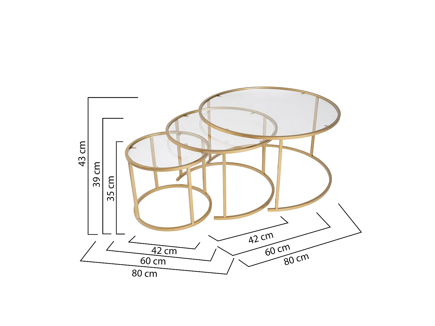 Table basse Rowan, set de 3 tables, poids max supporté 10 kg, 80x80x43h cm or