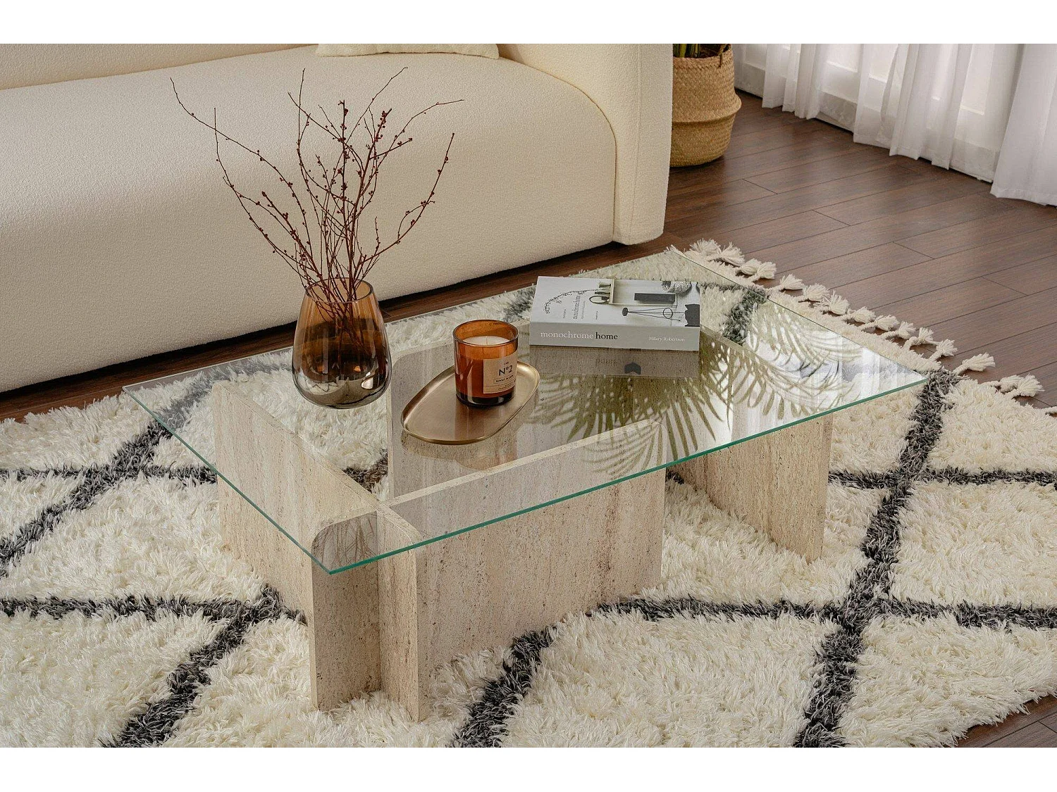 Salontafel Rhysand, tijdschriftenrek, 105x65x30h cm beige marmer, rechthoekige vorm, transparant blad