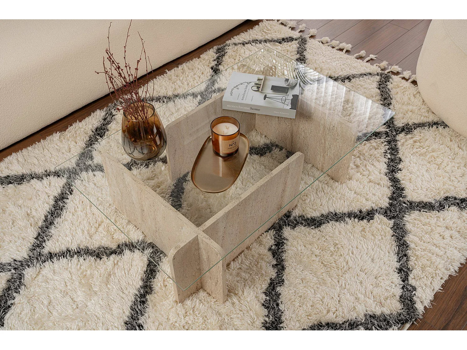 Salontafel Rhysand, tijdschriftenrek, 105x65x30h cm beige marmer, rechthoekige vorm, transparant blad