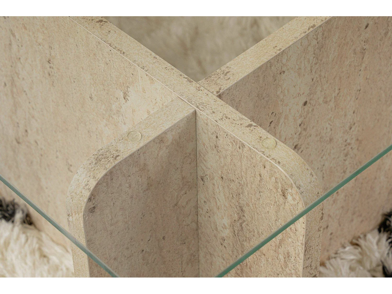 Salontafel Rhysand, tijdschriftenrek, 105x65x30h cm beige marmer, rechthoekige vorm, transparant blad