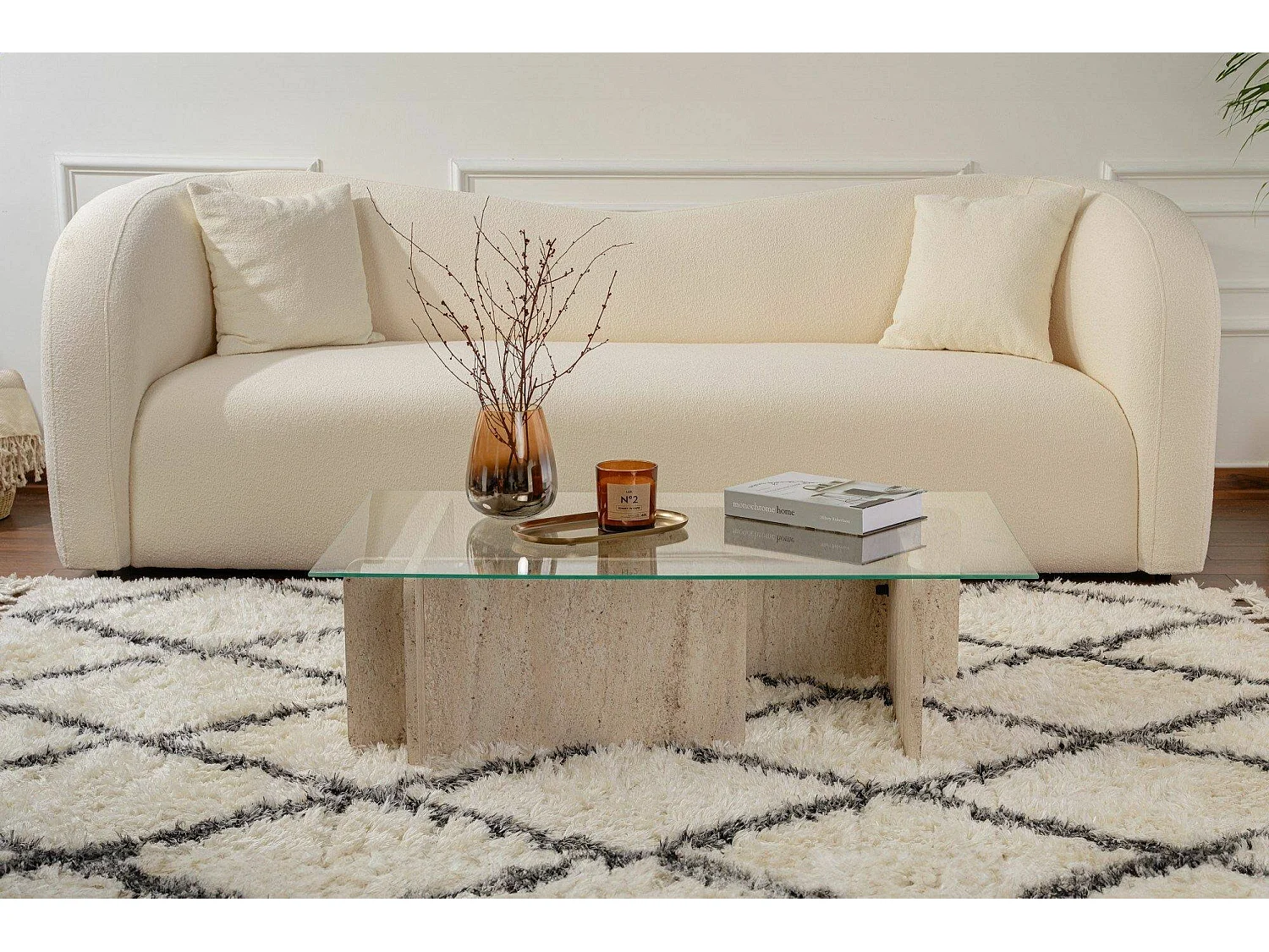 Salontafel Rhysand, tijdschriftenrek, 105x65x30h cm beige marmer, rechthoekige vorm, transparant blad