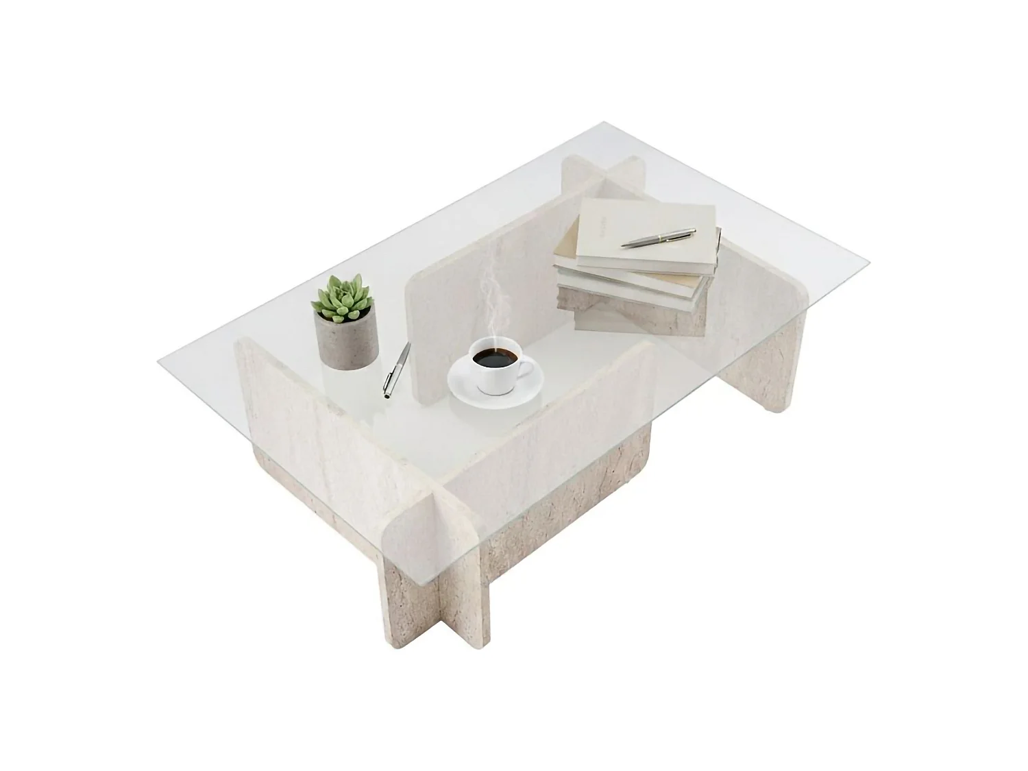 Salontafel Rhysand, tijdschriftenrek, 105x65x30h cm beige marmer, rechthoekige vorm, transparant blad