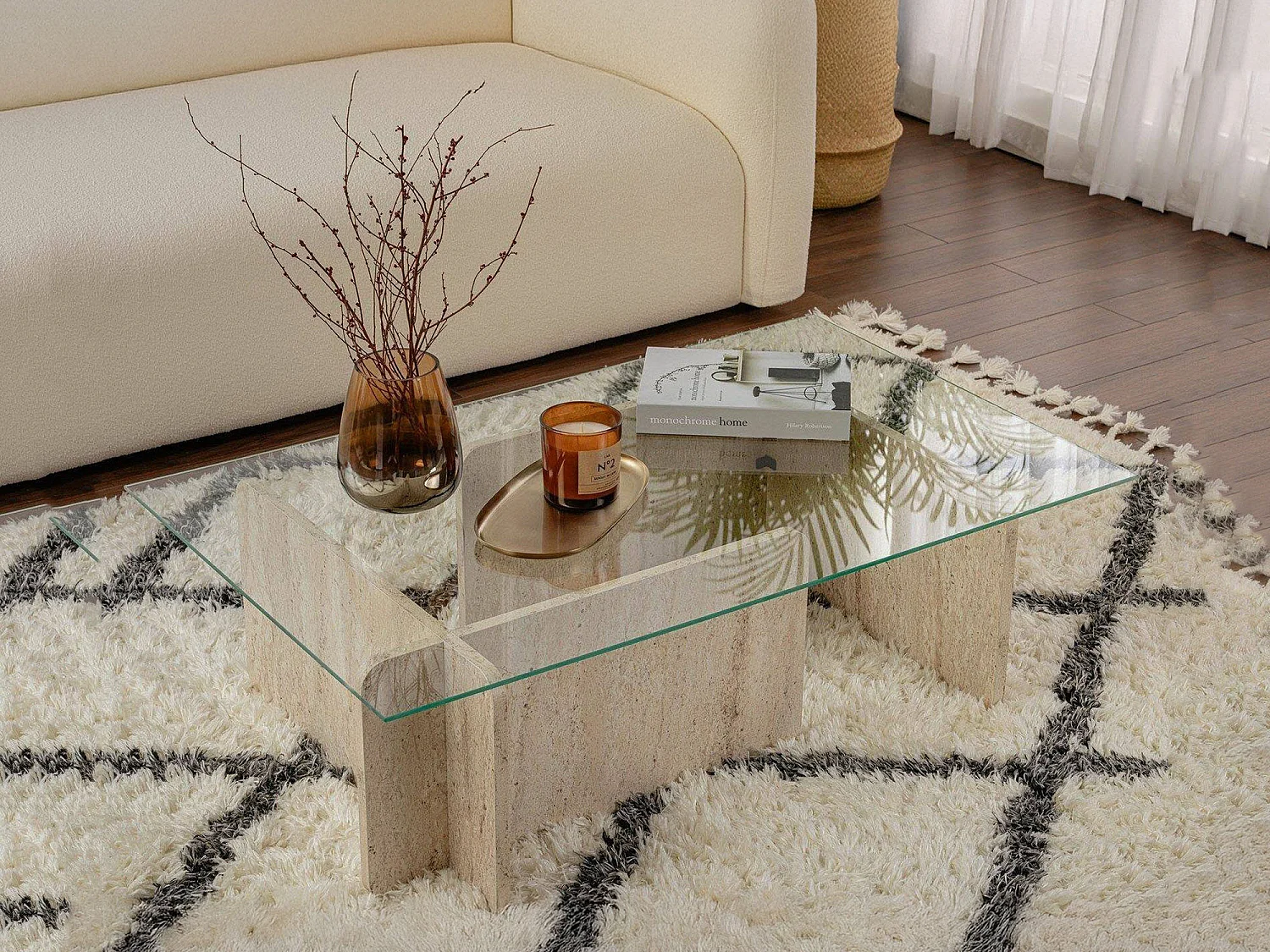 Salontafel Rhysand, tijdschriftenrek, 105x65x30h cm beige marmer, rechthoekige vorm, transparant blad