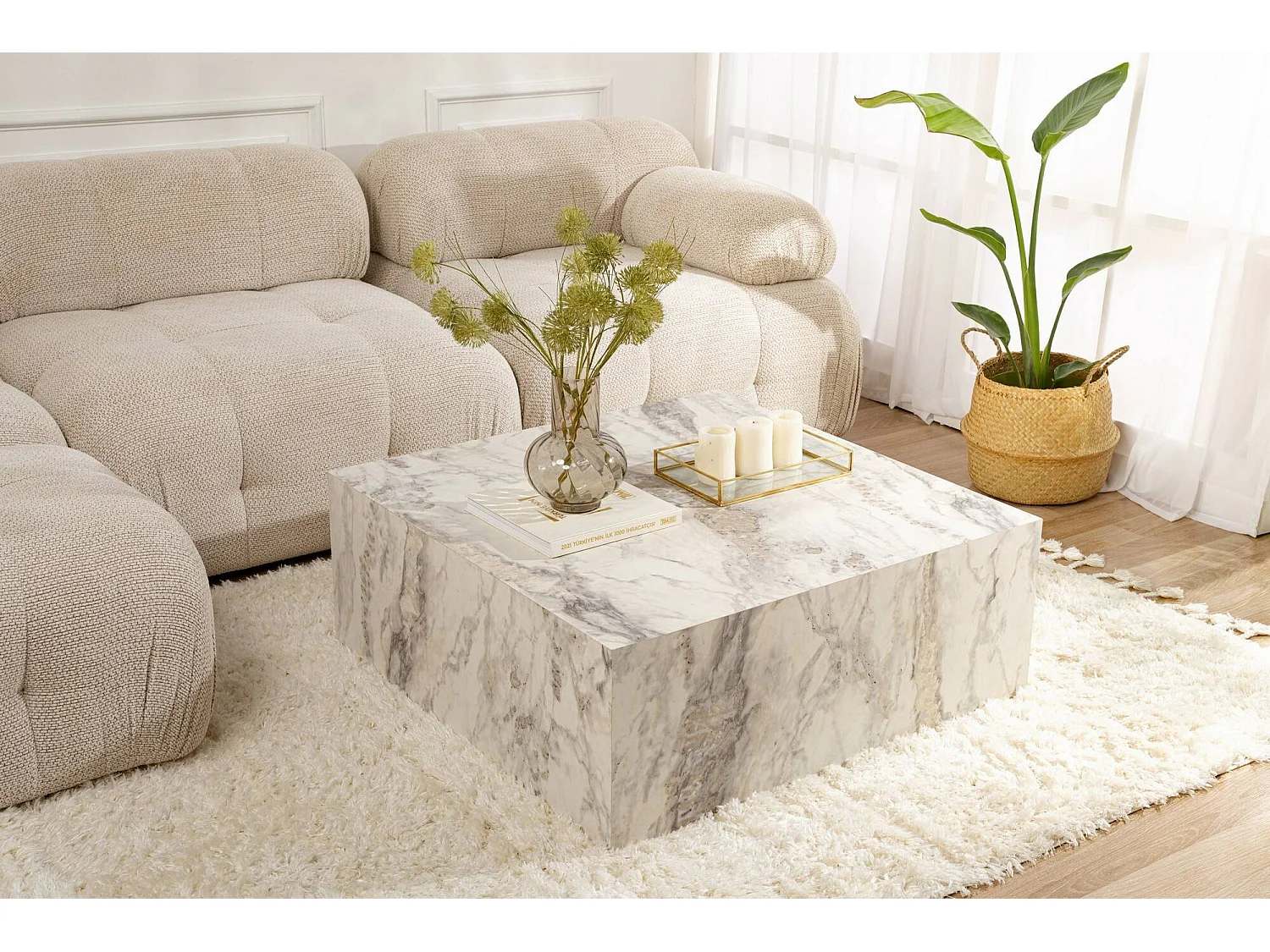 Mesa de centro Jesinia, peso máximo 20 kg, 90x90x35h cm blanco mármol, forma cuadrada, color del tablero blanco