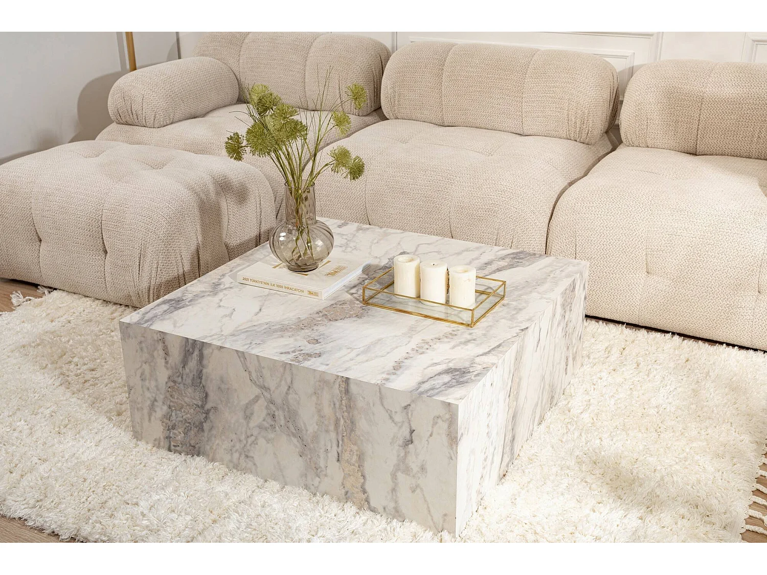 Mesa de centro Jesinia, peso máximo 20 kg, 90x90x35h cm blanco mármol, forma cuadrada, color del tablero blanco