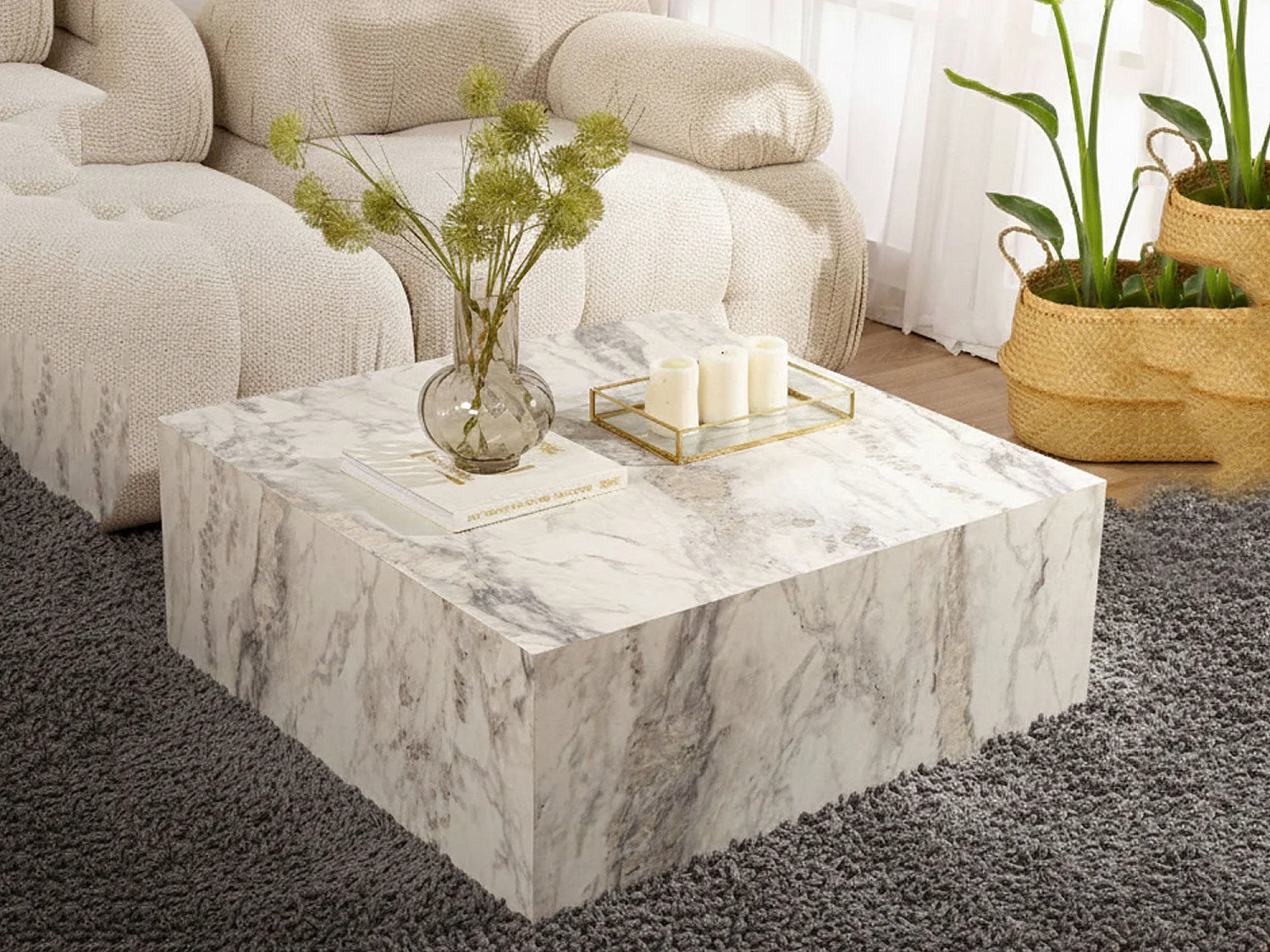 Mesa de centro Jesinia, peso máximo suportado 20 kg, 90x90x35h cm mármore branco, forma quadrada, cor do tampo branco