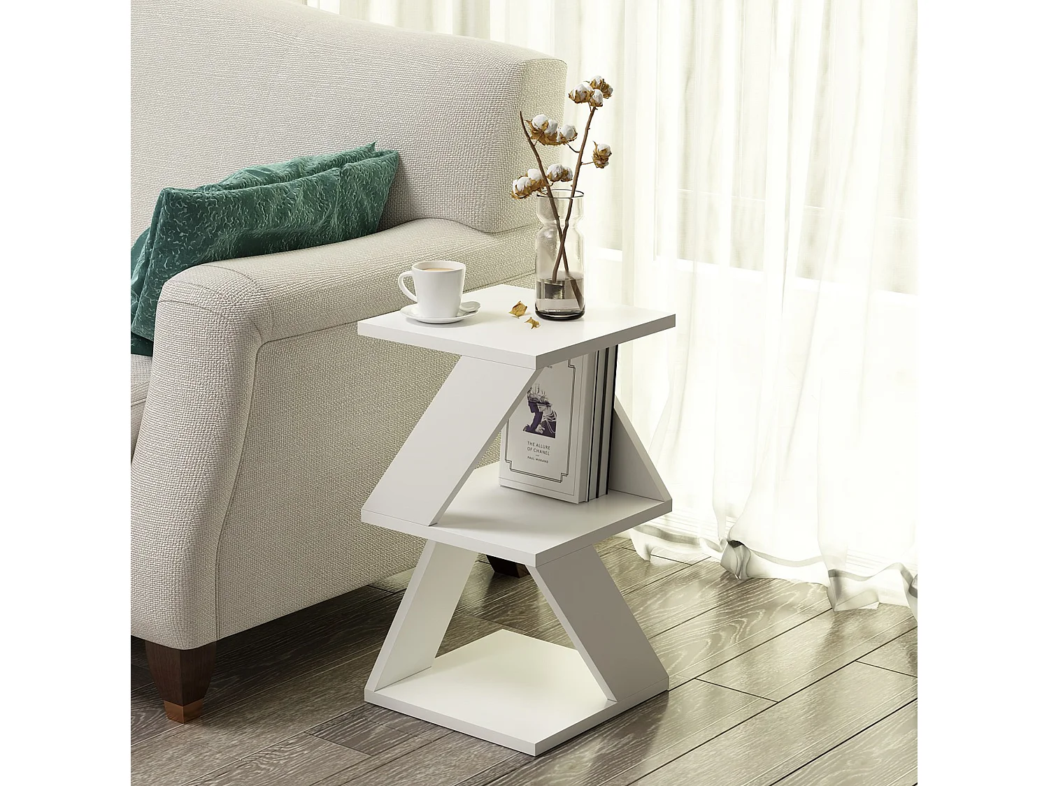 Tavolino da Salotto Rubiana, 2 Vani, 30x30x50h cm Bianco, Forma Rettangolare, Materiale Piano in Legno Nobilitato