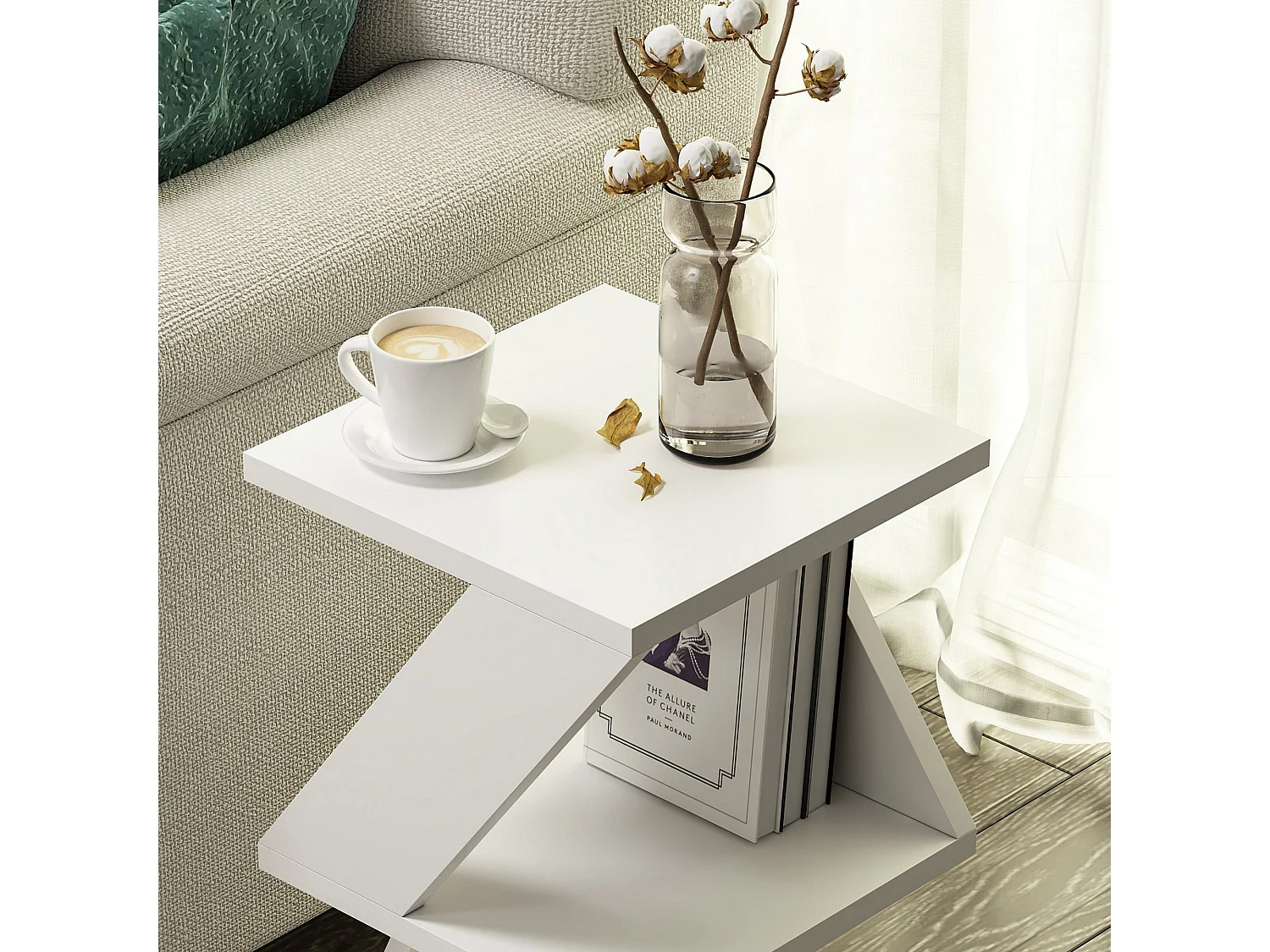Tavolino da Salotto Rubiana, 2 Vani, 30x30x50h cm Bianco, Forma Rettangolare, Materiale Piano in Legno Nobilitato