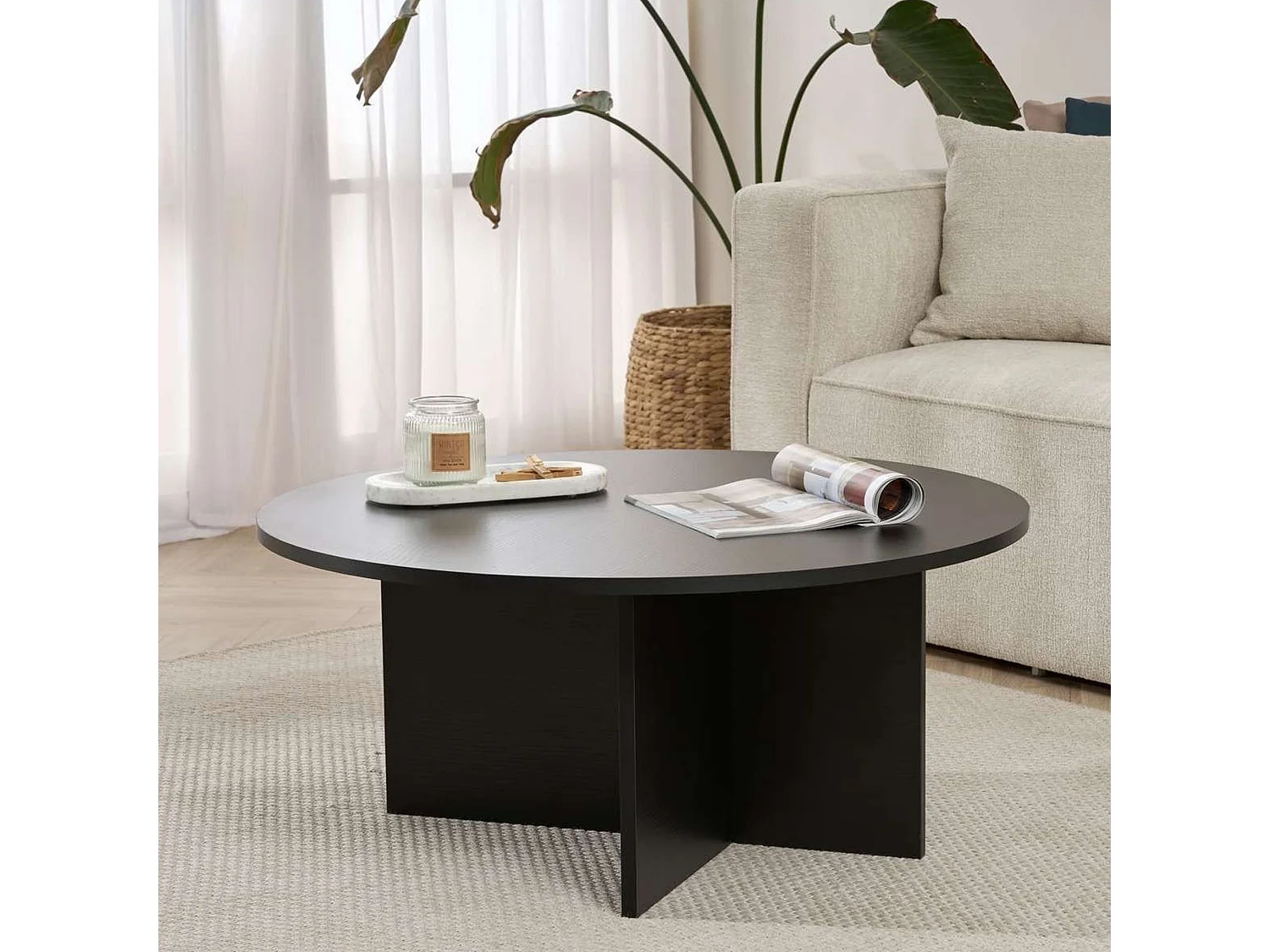 Tavolino da Salotto Simbario, Forma Rotondo, 90x90x40h cm Nero, Materiale Piano in Legno Nobilitato, Colore Ripiano Nero
