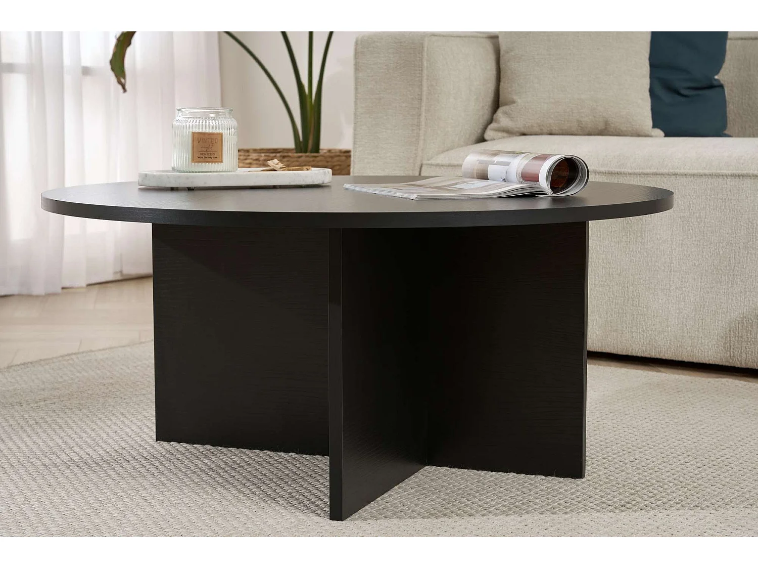 Tavolino da Salotto Simbario, Forma Rotondo, 90x90x40h cm Nero, Materiale Piano in Legno Nobilitato, Colore Ripiano Nero