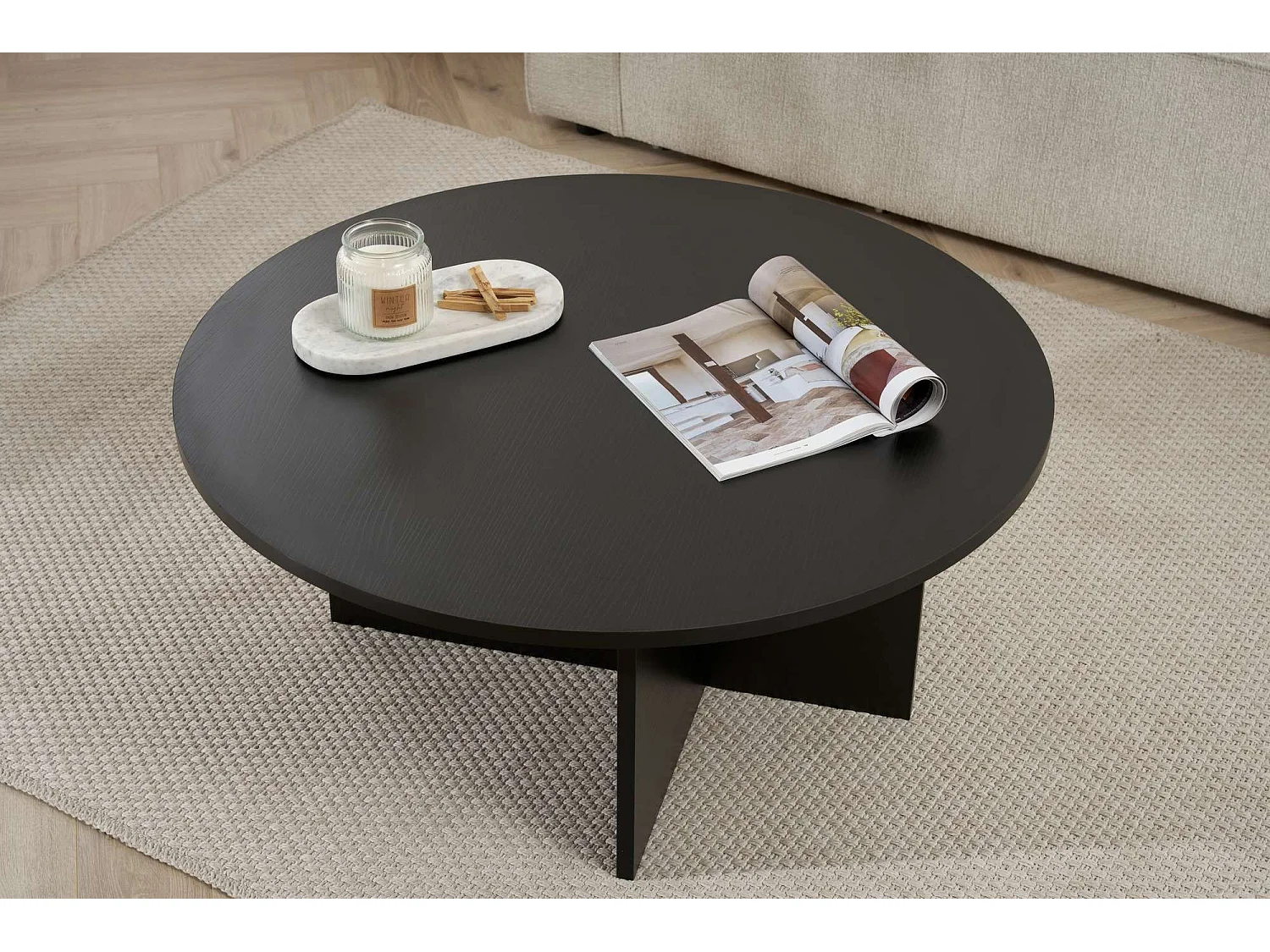 Tavolino da Salotto Simbario, Forma Rotondo, 90x90x40h cm Nero, Materiale Piano in Legno Nobilitato, Colore Ripiano Nero