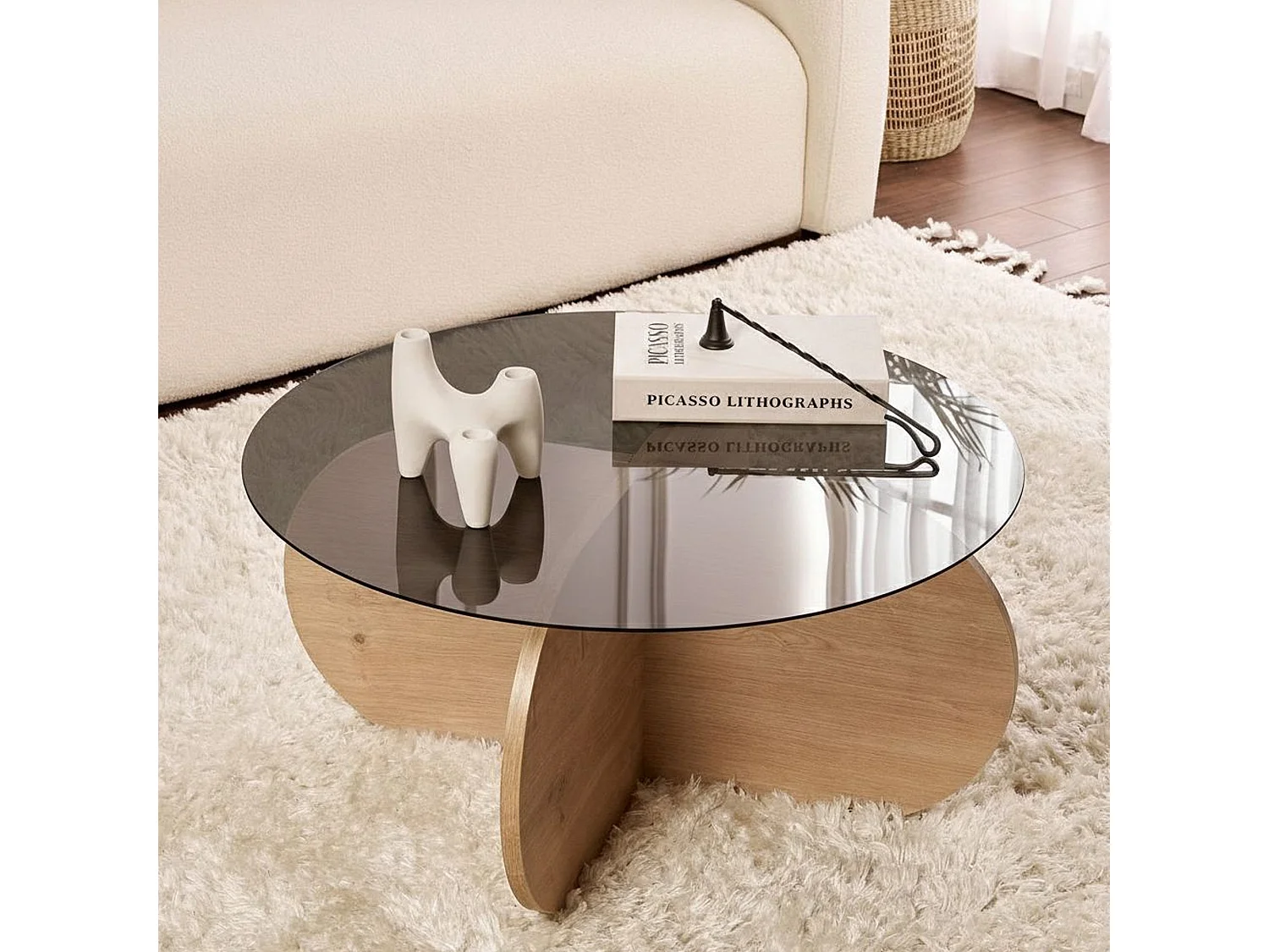 Table Basse Cugnoli, Ronde, 75x75x35h cm Chêne Brun, Plateau Transparent, Nuance Structure Chêne