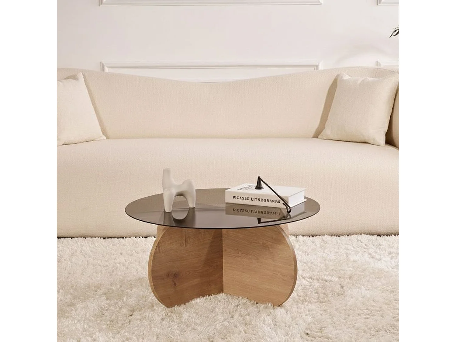 Table Basse Cugnoli, Ronde, 75x75x35h cm Chêne Brun, Plateau Transparent, Nuance Structure Chêne