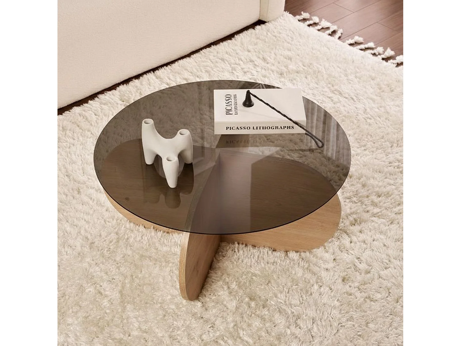 Table Basse Cugnoli, Ronde, 75x75x35h cm Chêne Brun, Plateau Transparent, Nuance Structure Chêne