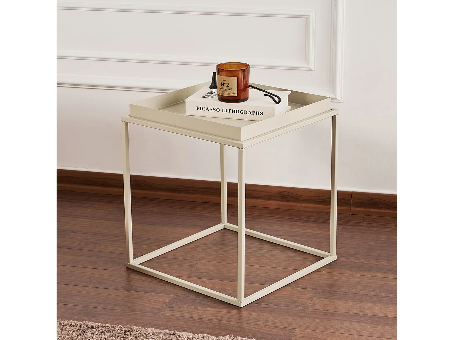 Tavolino da Salotto Lorsica, Forma Quadrato, 45x45x52h cm Bianco Crema, Materiale Piano in Metallo, Colore Ripiano Bianco