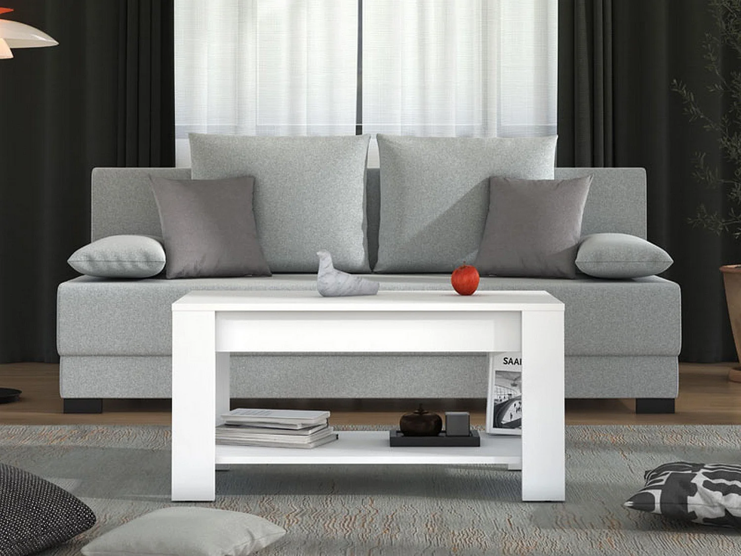 Tavolino da Salotto Signa, un Vano, 90x50x46h cm Bianco, Forma Rettangolare, Materiale Piano in Legno Nobilitato