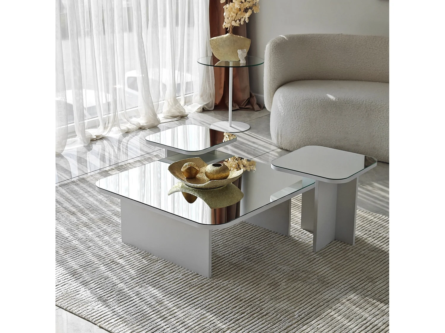 Tavolino da Salotto Pagliara, Modulabile, 80x80x30h cm Bianco, Forma Rettangolare, Materiale Piano in Vetro