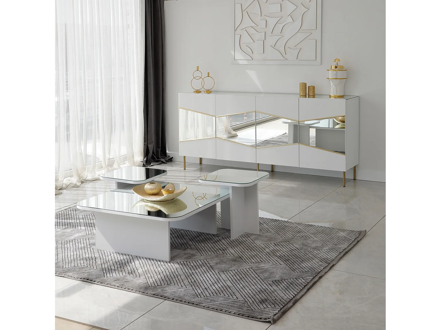 Tavolino da Salotto Pagliara, Modulabile, 80x80x30h cm Bianco, Forma Rettangolare, Materiale Piano in Vetro