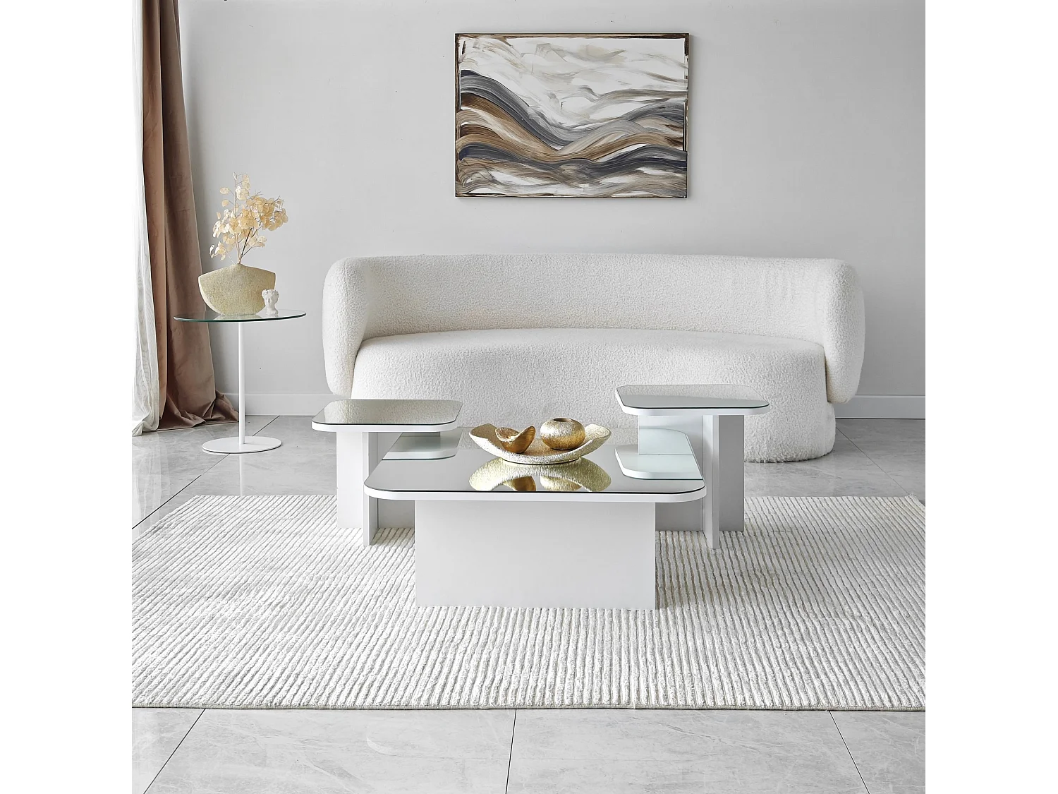 Tavolino da Salotto Pagliara, Modulabile, 80x80x30h cm Bianco, Forma Rettangolare, Materiale Piano in Vetro
