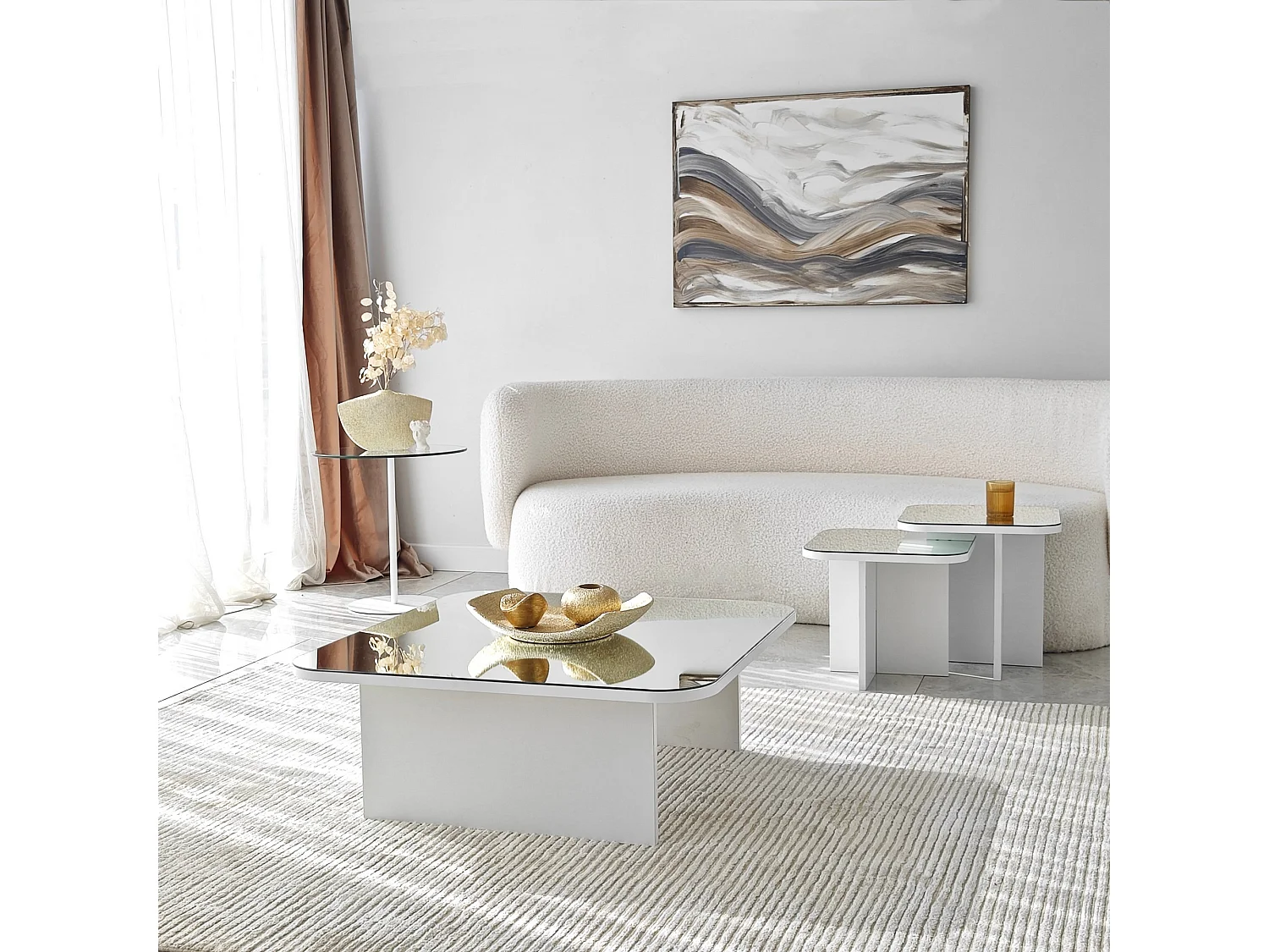 Tavolino da Salotto Pagliara, Modulabile, 80x80x30h cm Bianco, Forma Rettangolare, Materiale Piano in Vetro