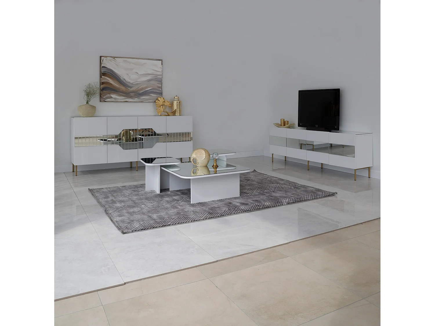 Tavolino da Salotto Pagliara, Modulabile, 80x80x30h cm Bianco, Forma Rettangolare, Materiale Piano in Vetro