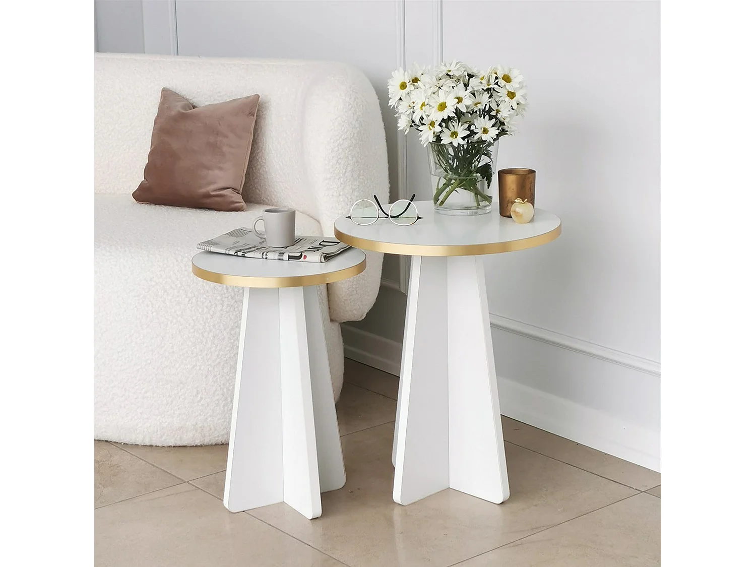 Table basse Cardito, modulable, 40x40x50h cm blanc, forme ronde, structure or
