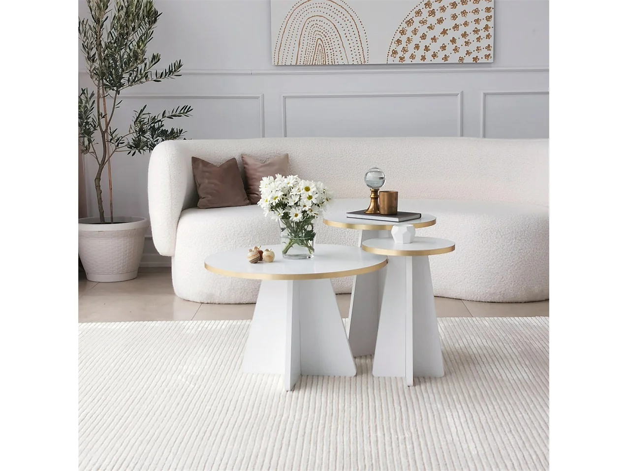 Table basse Cardito, modulable, 40x40x50h cm blanc, forme ronde, structure or