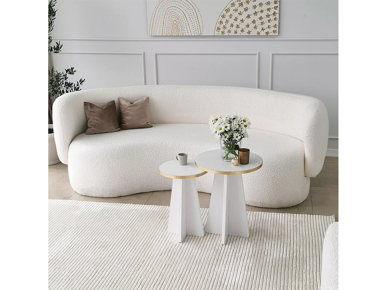 Table basse Cardito, modulable, 40x40x50h cm blanc, forme ronde, structure or