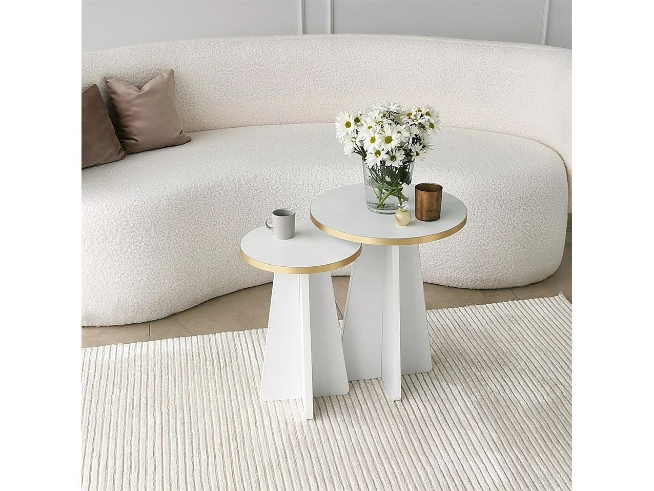Table basse Cardito, modulable, 40x40x50h cm blanc, forme ronde, structure or