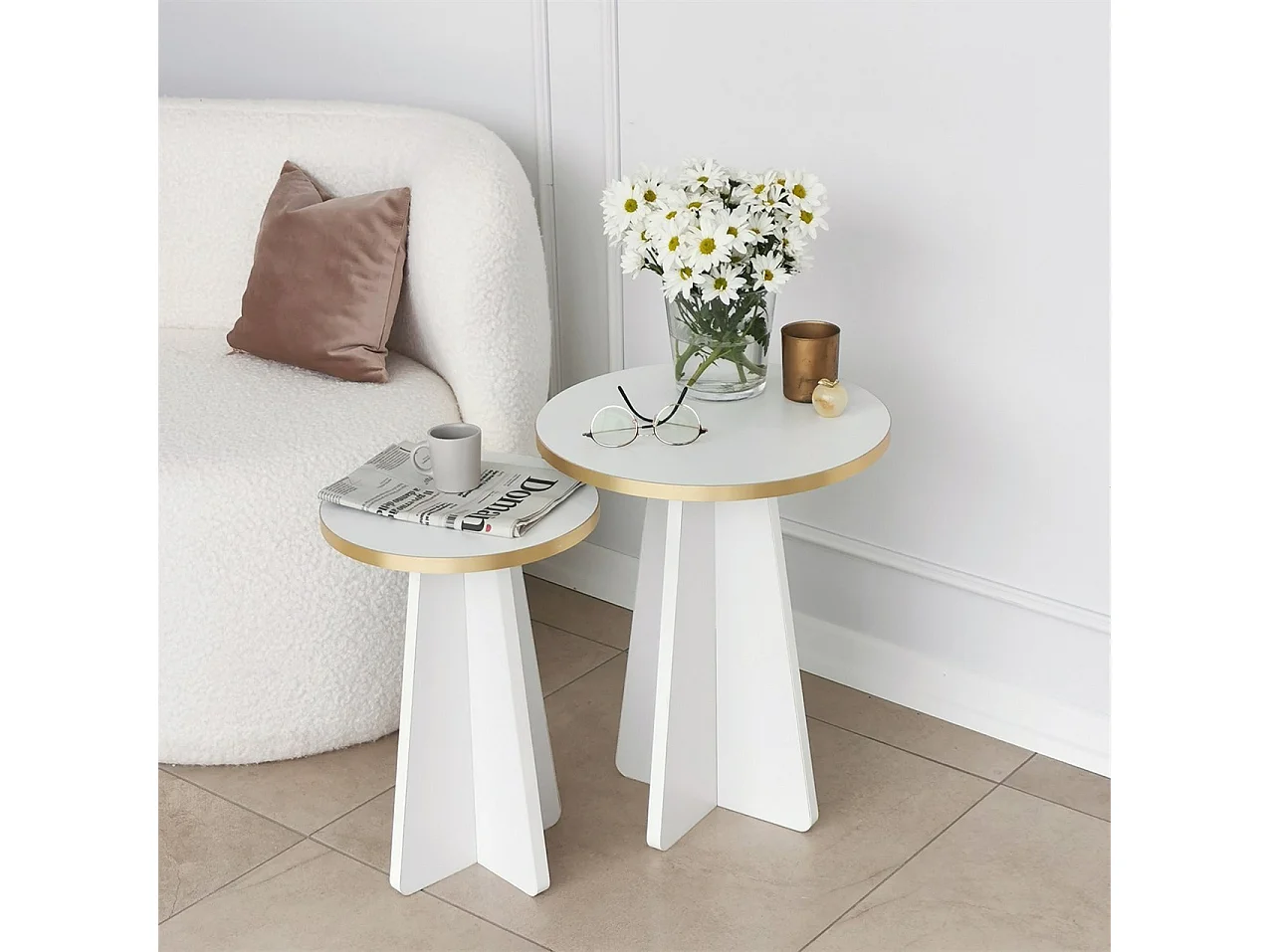 Table basse Cardito, modulable, 40x40x50h cm blanc, forme ronde, structure or