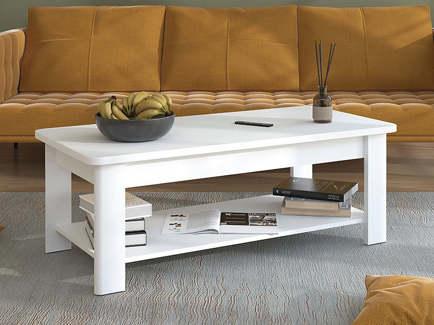 Tavolino da Salotto Pella, un Vano, 124x60x45h cm Bianco, Forma Rettangolare, Materiale Piano in Legno Nobilitato