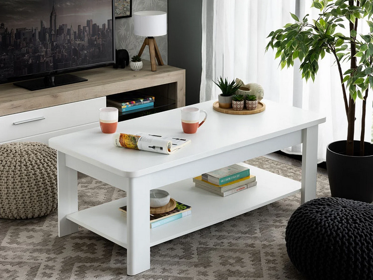 Tavolino da Salotto Pella, un Vano, 124x60x45h cm Bianco, Forma Rettangolare, Materiale Piano in Legno Nobilitato