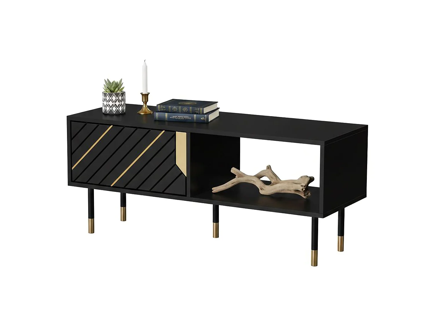 Salontafel Sersale, 2 vakken, 110x60x46h cm zwart, rechthoekige vorm, kleur gouden frame