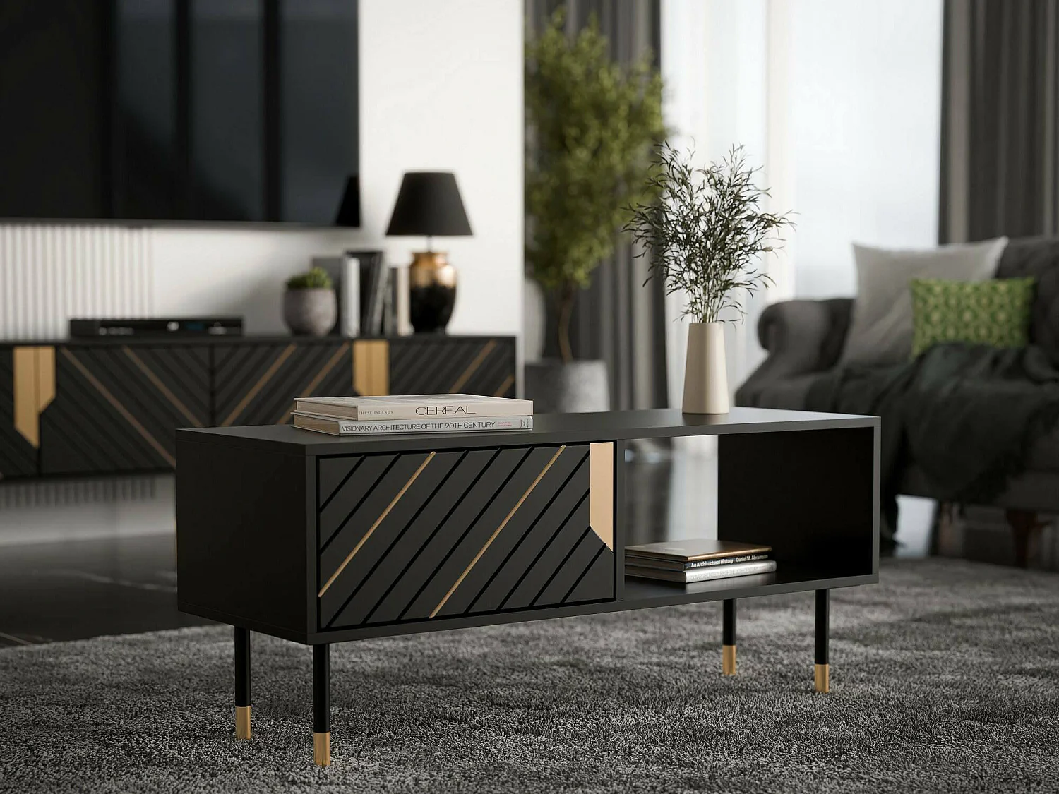Salontafel Sersale, 2 vakken, 110x60x46h cm zwart, rechthoekige vorm, kleur gouden frame