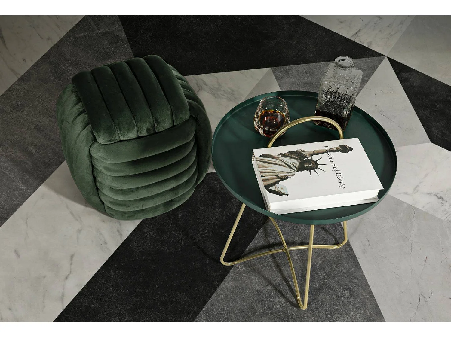 Mesita de salón Nigra, revistero, 45x45x59h cm verde, forma redonda, color estructura dorado