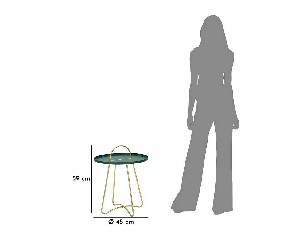 Mesita de salón Nigra, revistero, 45x45x59h cm verde, forma redonda, color estructura dorado