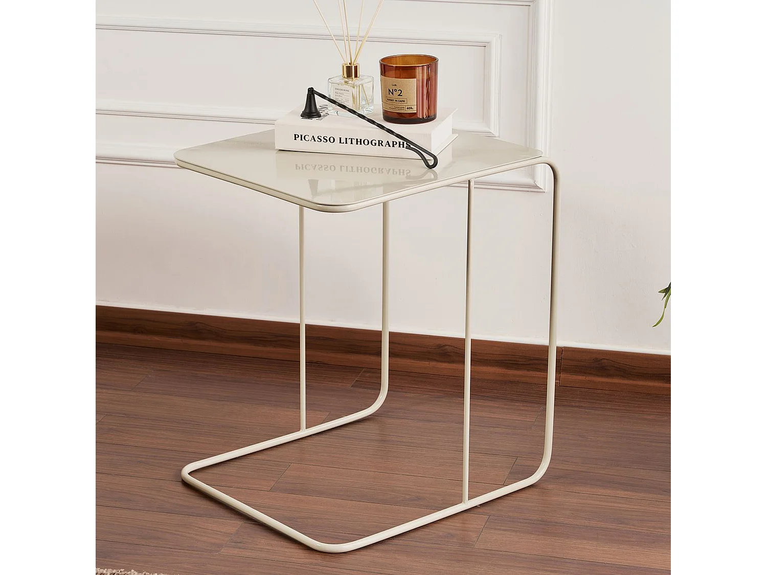 Table basse Cattaneo, effet brillant, 47x46x57h cm blanc crème, forme rectangulaire, plateau crème