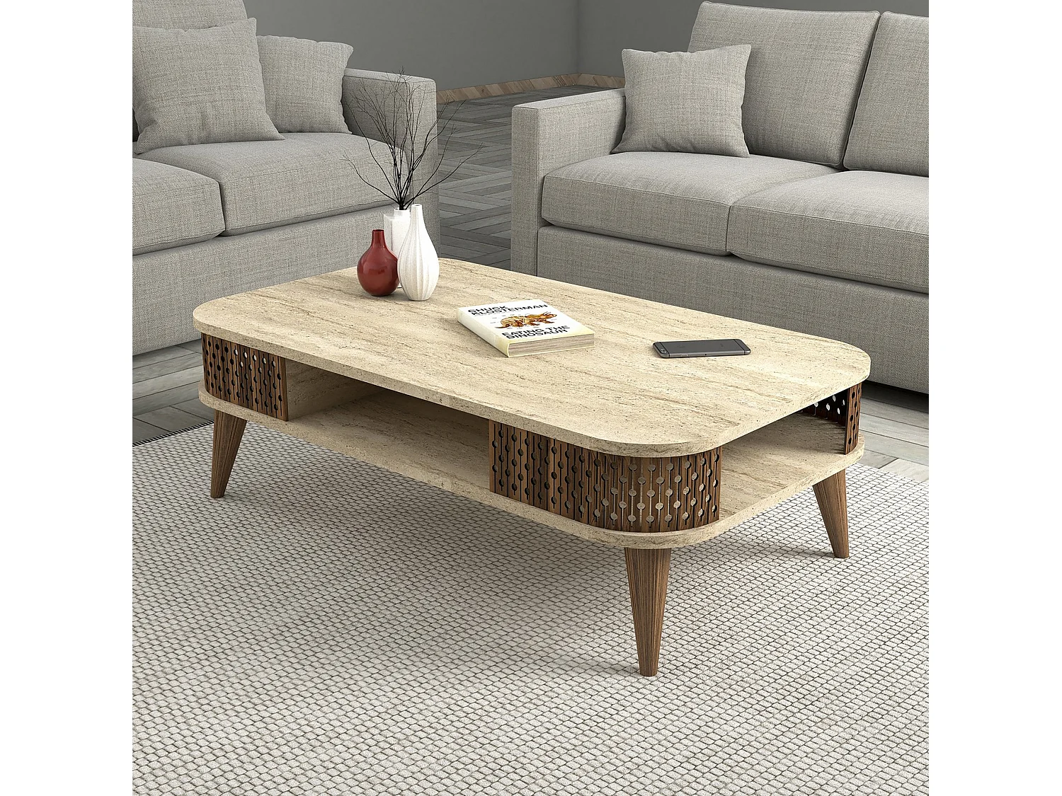 Tavolino da Salotto Medicina, un Vano, 105x60x35h cm Beige Marmo, con Piedini, Forma Rettangolare