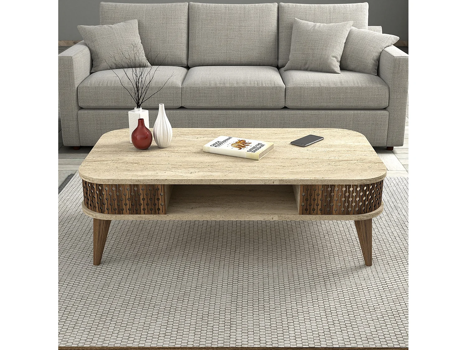 Tavolino da Salotto Medicina, un Vano, 105x60x35h cm Beige Marmo, con Piedini, Forma Rettangolare