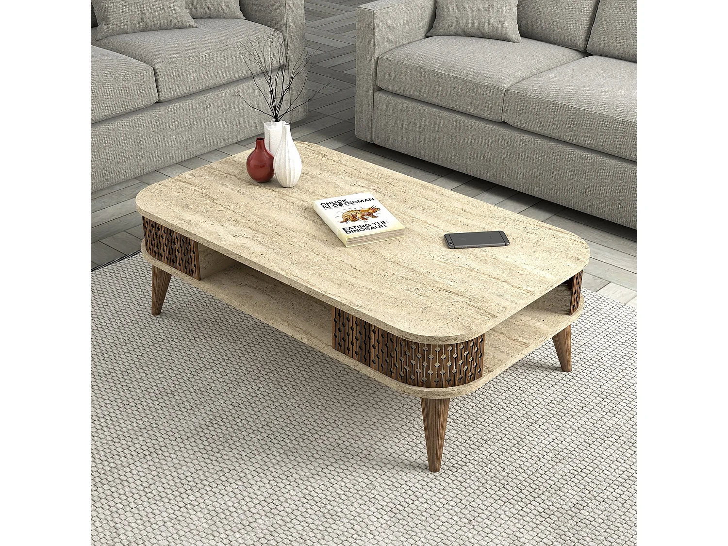 Tavolino da Salotto Medicina, un Vano, 105x60x35h cm Beige Marmo, con Piedini, Forma Rettangolare