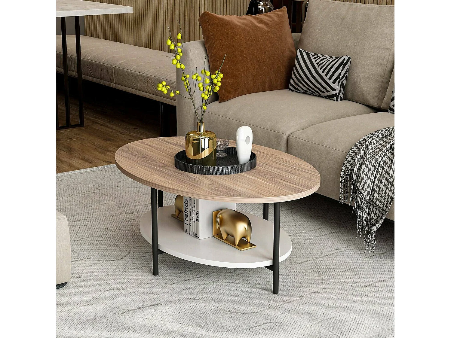 Mesa de centro Subiaco, con patas, 90x60x36h cm roble marrón, un compartimento, forma ovalada
