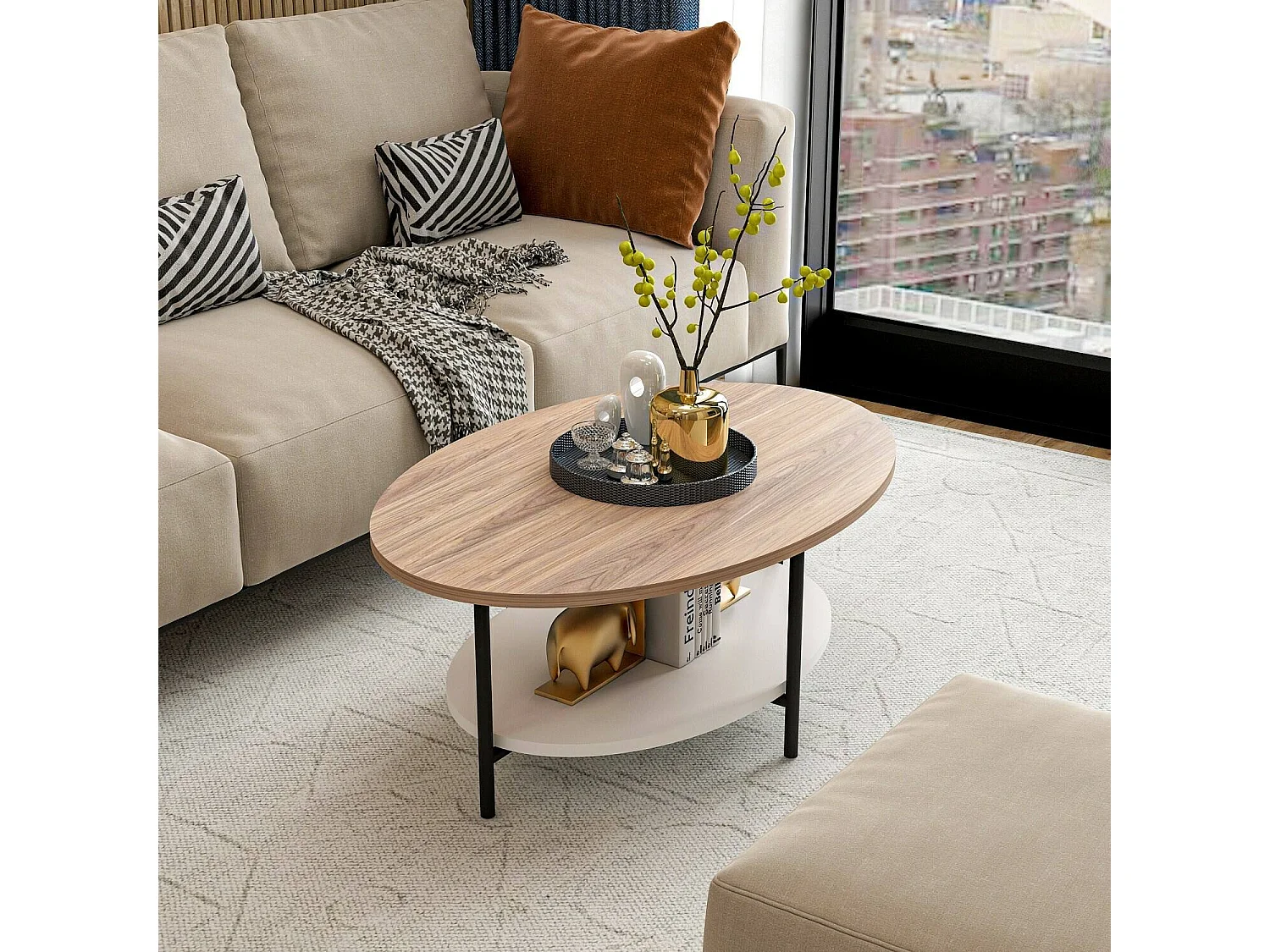 Mesa de centro Subiaco, con patas, 90x60x36h cm roble marrón, un compartimento, forma ovalada